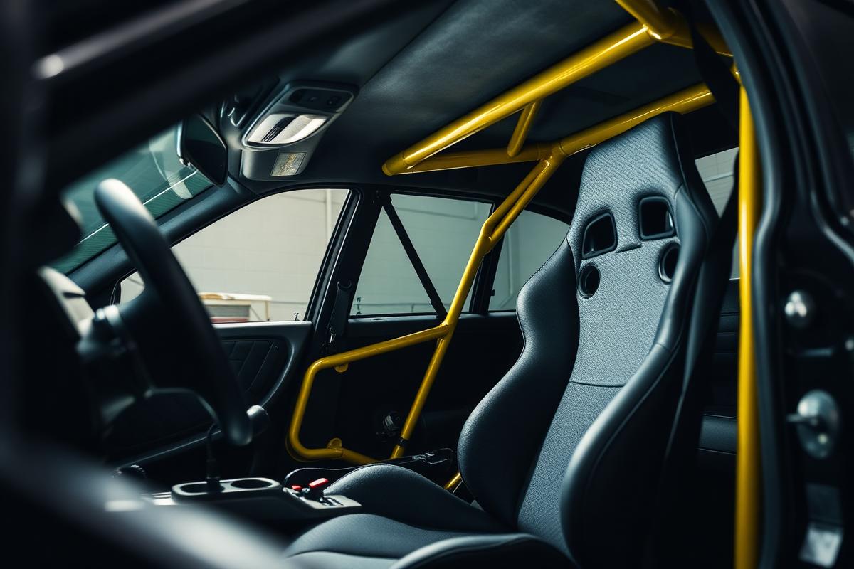 Interiør med gult roll cage