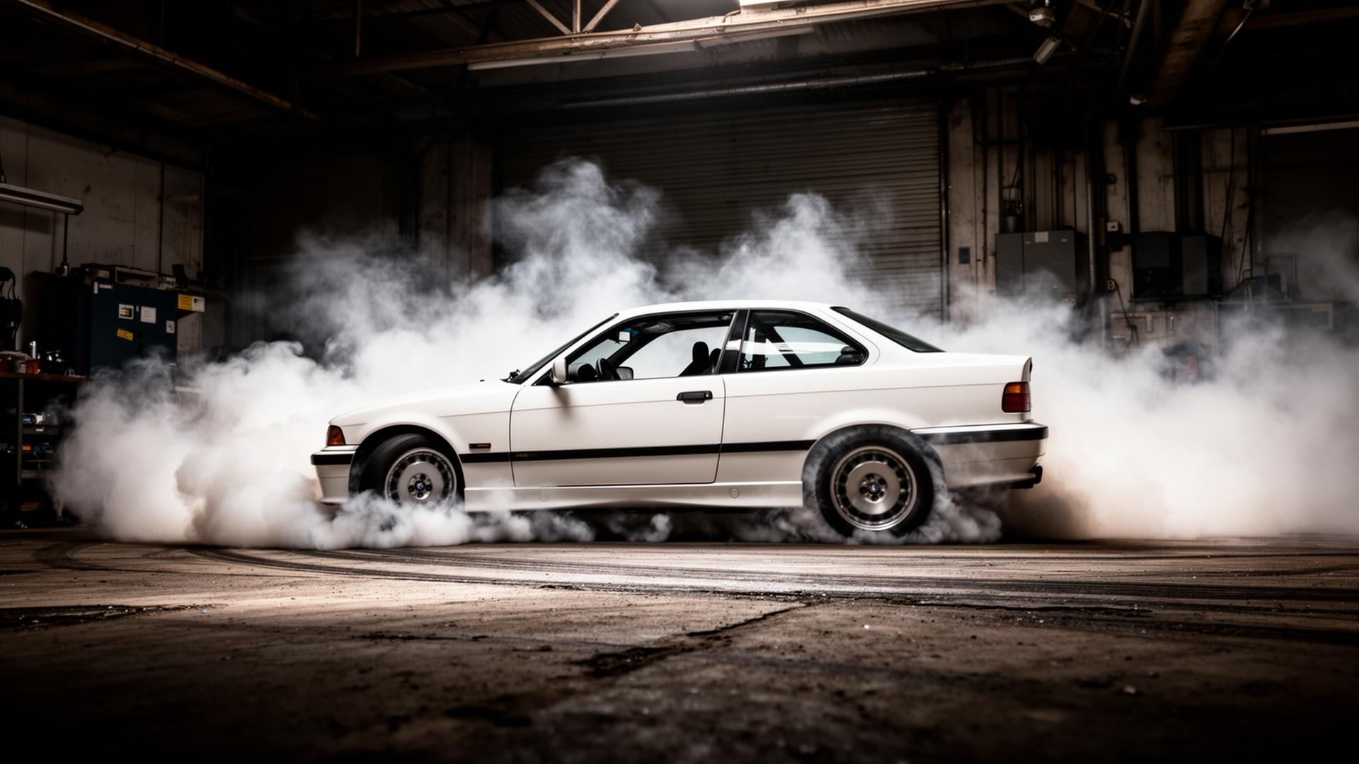 BMW E36 drift bil i tyk hvid dækrøg